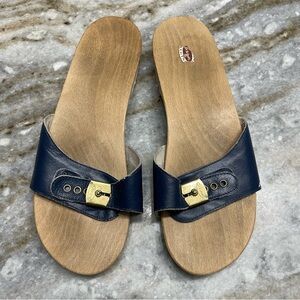 Dr.SCHOLLS Vintage 1980s navy blue leather wooden The Original Sandal